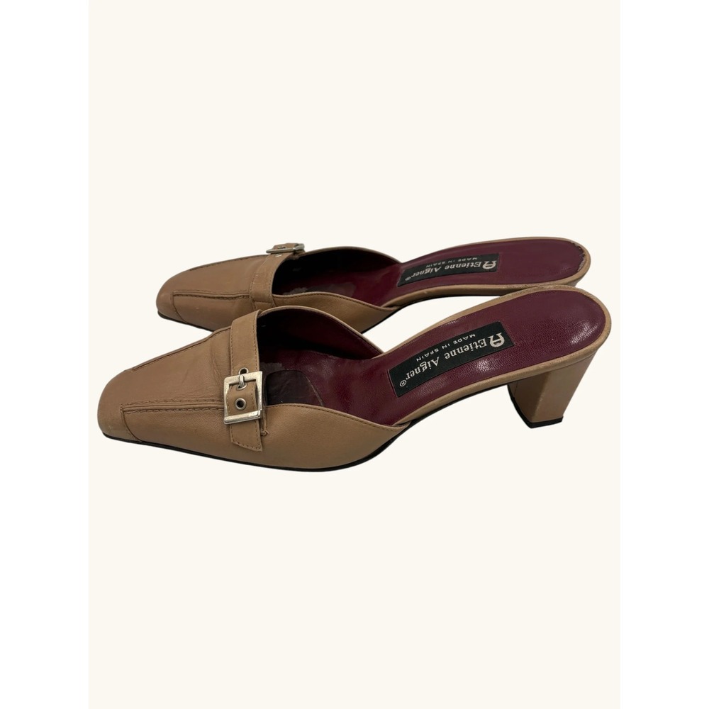 Etienne Aigner Jade Tan Leather Mules Square Toe Buckle Block Heel Spain 7.5